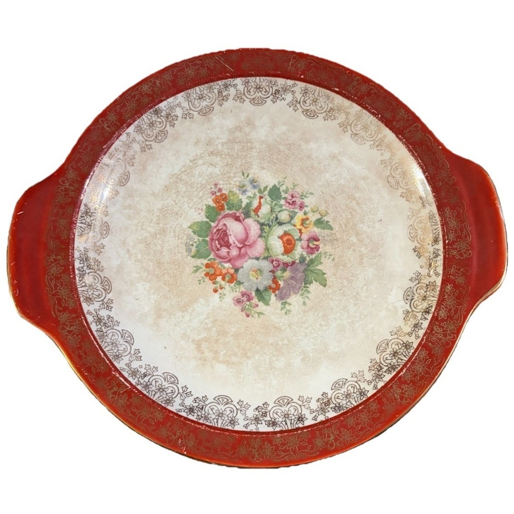 Vtg‎ Salem China Sarat Gold Handled Cake Plate Floral Serving Tray Red Gold Trim